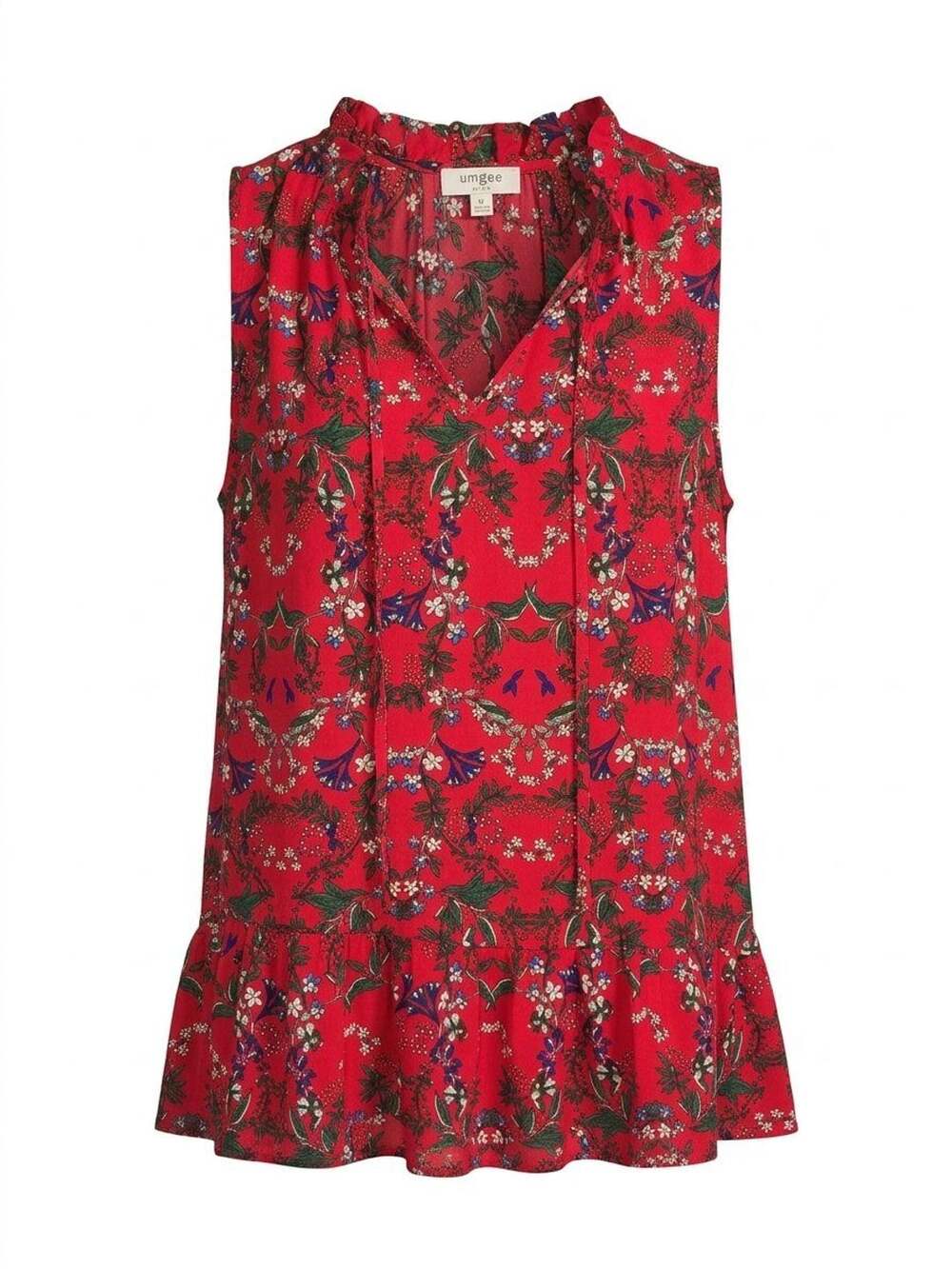 umgee Red Floral Sleeveless Ruffle Hem Blouse Top